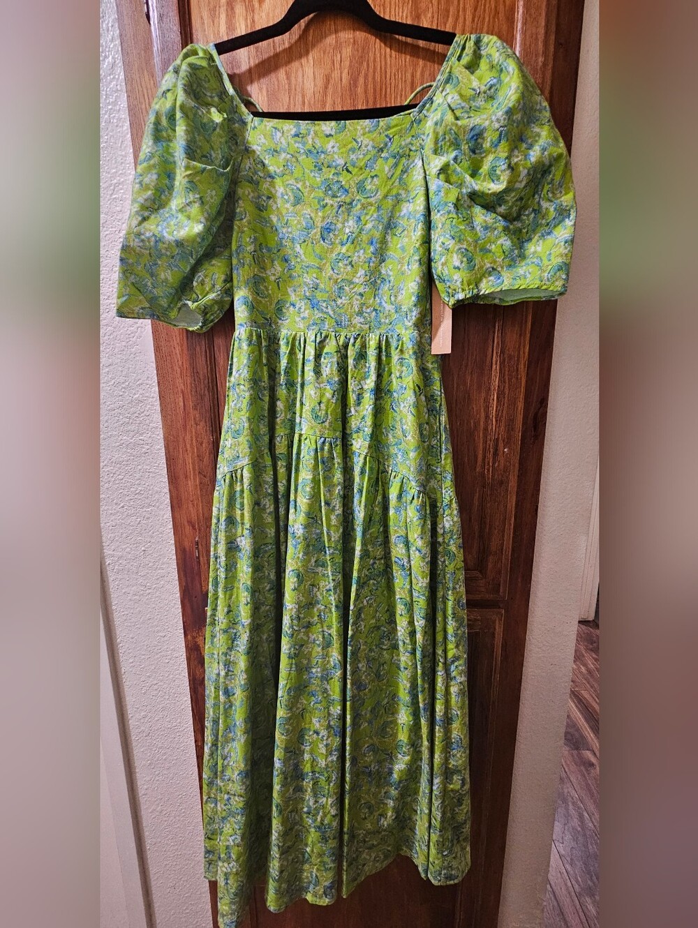 O.P.T. Green Paisley Puff Sleeve Dress (Open Back With Pockets)